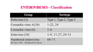 ENTEROVIRUSES– Classification
Group Serotype
Poliovirus (3) Type 1, Type 2, Type 3
Coxsackie virus A(24) 1-22, 24
Coxsackie virus (6) 1-6
Echovirus (34) 1-9, 11-27, 29-31
Numbered enterovirus
(EVsince 1969 – Numbered 68 andso)
68-71
 