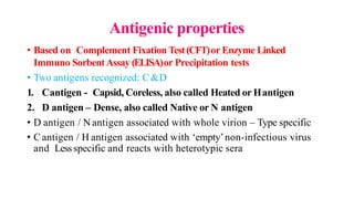 Antigenic properties
• Based on Complement Fixation Test(CFT)or Enzyme Linked
Immuno SorbentAssay (ELISA)or Precipitation tests
• Two antigens recognized: C&D
1. Cantigen - Capsid, Coreless, also called Heated or Hantigen
2. D antigen – Dense, also called Native or N antigen
• D antigen / N antigen associated with whole virion – Type specific
• Cantigen / H antigen associated with ‘empty’non-infectious virus
and Less specific and reacts with heterotypic sera
 