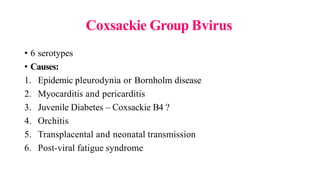 Coxsackie Group Bvirus
• 6 serotypes
• Causes:
1. Epidemic pleurodynia or Bornholm disease
2. Myocarditis and pericarditis
3. Juvenile Diabetes – Coxsackie B4 ?
4. Orchitis
5. Transplacental and neonatal transmission
6. Post-viral fatigue syndrome
 