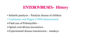 ENTEROVIRUSES- History
• Infantile paralysis – Paralytic disease of children
• Landsteiner and Popper (1909) demonstrated
Fatal case of Poliomyelitis –
Spinal cord &Feces inoculation –
Experimental disease transmission - monkeys
 