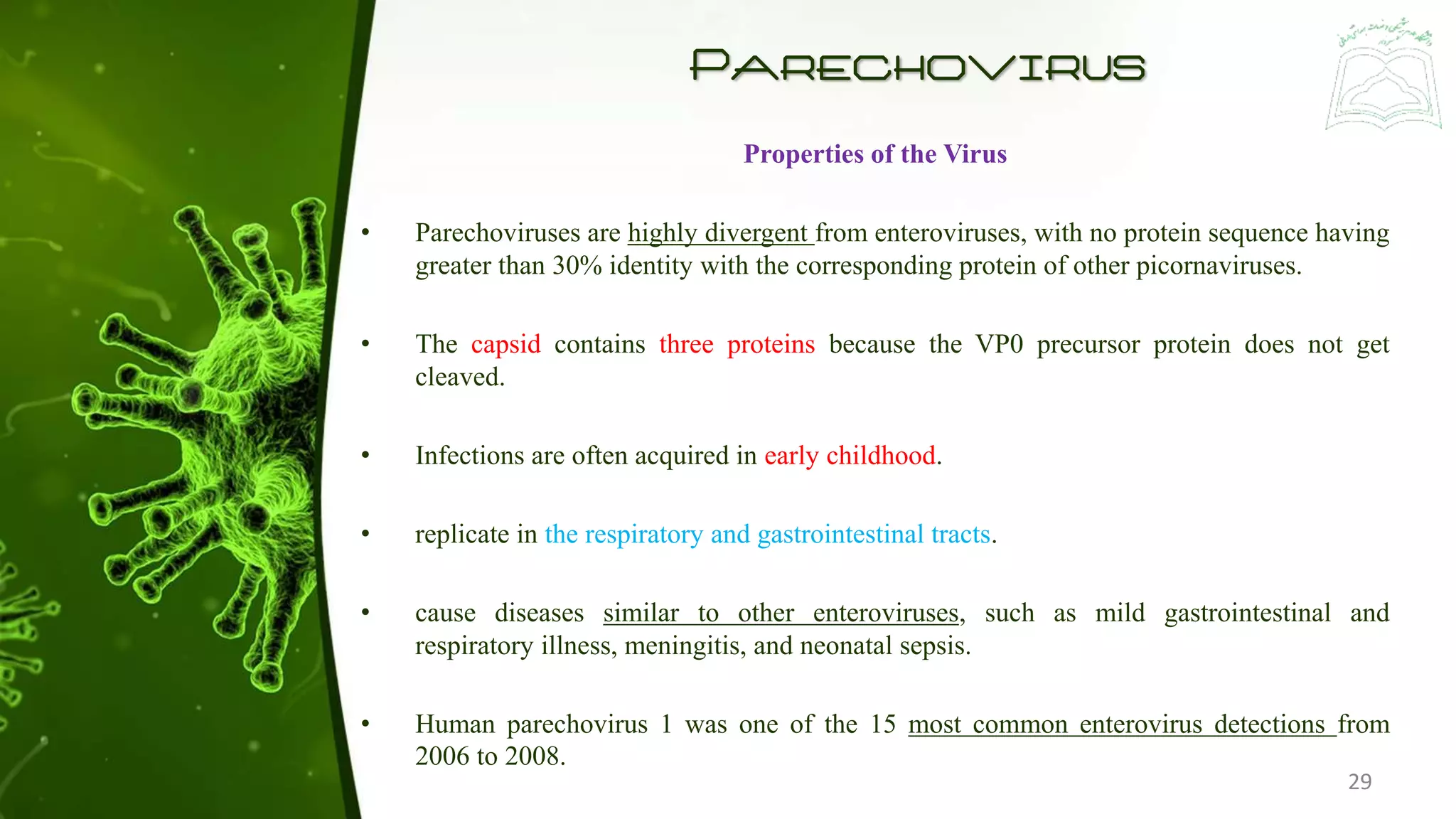 Parechovirus
Properties of the Virus
• Parechoviruses are highly divergent from enteroviruses, with no protein sequence having
greater than 30% identity with the corresponding protein of other picornaviruses.
• The capsid contains three proteins because the VP0 precursor protein does not get
cleaved.
• Infections are often acquired in early childhood.
• replicate in the respiratory and gastrointestinal tracts.
• cause diseases similar to other enteroviruses, such as mild gastrointestinal and
respiratory illness, meningitis, and neonatal sepsis.
• Human parechovirus 1 was one of the 15 most common enterovirus detections from
2006 to 2008.
29
 