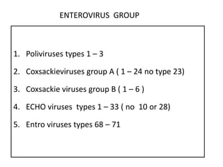 ENTEROVIRUS GROUP



1. Poliviruses types 1 – 3

2. Coxsackieviruses group A ( 1 – 24 no type 23)

3. Coxsackie viruses group B ( 1 – 6 )

4. ECHO viruses types 1 – 33 ( no 10 or 28)

5. Entro viruses types 68 – 71
 