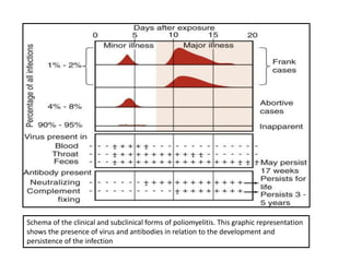 Schema of the clinical and subclinical forms of poliomyelitis. This graphic representation
shows the presence of virus and antibodies in relation to the development and
persistence of the infection
 