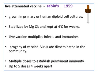 live attenuated vaccine :- sabin’s     1959

• grown in primary or human diploid cell cultures.

• Stabilized by Mg Cl₂ and kept at 4 ͦC for weeks.

• Live vaccine multiplies infects and Immunizes

• progeny of vaccine Virus are disseminated in the
  community.

• Multiple doses to establish permanent immunity
• Up to 5 doses 4 weeks apart
 