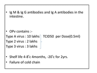 • Ig M & Ig G antibodies and Ig A antibodies in the
  intestine.


• OPv contains :-
Type A virus : 10 lakhs TCID50 per Dose(0.5ml)
Type 2 virus : 2 lakhs
Type 3 virus : 3 lakhs

• Shelf life 4-8 ͦc 4months, -20 ͦc for 2yrs.
• Failure of cold chain
 