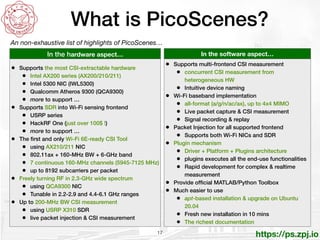 https://ps.zpj.io
What is PicoScenes?
17
In the software aspect…
• Supports multi-frontend CSI measurement


• concurrent ...