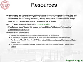 https://ps.zpj.io
Resources
• “Eliminating the Barriers: Demystifying Wi-Fi Baseband Design and Introducing the
PicoScenes...
