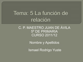 C. P. MAESTRO JUAN DE ÁVILA
        5º DE PRIMARIA
        CURSO 2011/12

     Nombre y Apellidos

     Ismael Rodrigo Yuste
 