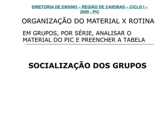 DIRETORIA DE ENSINO – REGIÃO DE CAIEIRAS – CICLO I – 2009 - PIC ORGANIZAÇÃO DO MATERIAL X ROTINA EM GRUPOS, POR SÉRIE, ANALISAR O  MATERIAL DO PIC E PREENCHER A TABELA SOCIALIZAÇÃO DOS GRUPOS  
