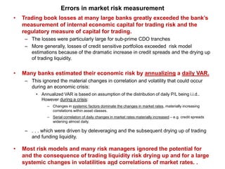 Errors in market risk measurement
•   Trading book losses at many large banks greatly exceeded the bank’s
    measurement of internal economic capital for trading risk and the
    regulatory measure of capital for trading.
     – The losses were particularly large for sub-prime CDO tranches
     – More generally, losses of credit sensitive portfolios exceeded risk model
       estimations because of the dramatic increase in credit spreads and the drying up
       of trading liquidity.


•   Many banks estimated their economic risk by annualizing a daily VAR.
     – This ignored the material changes in correlation and volatility that could occur
       during an economic crisis:
          • Annualized VAR is based on assumption of the distribution of daily P/L being i.i.d..
            However during a crisis:
               – Changes in systemic factors dominate the changes in market rates, materially increasing
                 correlations within asset classes.
               – Serial correlation of daily changes in market rates materially increased – e.g. credit spreads
                 widening almost daily.

     – . . . which were driven by deleveraging and the subsequent drying up of trading
       and funding liquidity.

•   Most risk models and many risk managers ignored the potential for
    and the consequence of trading liquidity risk drying up and for a large
    systemic changes in volatilities and correlations of market rates. .
                                      24
 