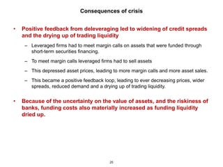 Consequences of crisis


•   Positive feedback from deleveraging led to widening of credit spreads
    and the drying up of trading liquidity
     – Leveraged firms had to meet margin calls on assets that were funded through
       short-term securities financing.
     – To meet margin calls leveraged firms had to sell assets
     – This depressed asset prices, leading to more margin calls and more asset sales.
     – This became a positive feedback loop, leading to ever decreasing prices, wider
       spreads, reduced demand and a drying up of trading liquidity.


•   Because of the uncertainty on the value of assets, and the riskiness of
    banks, funding costs also materially increased as funding liquidity
    dried up.




                                           25
 
