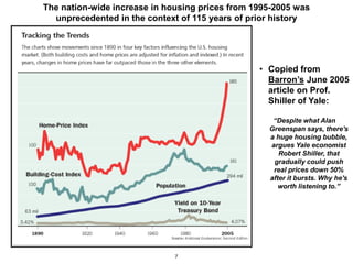 The nation-wide increase in housing prices from 1995-2005 was
  unprecedented in the context of 115 years of prior history




                                                 • Copied from
                                                   Barron’s June 2005
                                                   article on Prof.
                                                   Shiller of Yale:

                                                    “Despite what Alan
                                                   Greenspan says, there's
                                                   a huge housing bubble,
                                                   argues Yale economist
                                                      Robert Shiller, that
                                                    gradually could push
                                                    real prices down 50%
                                                   after it bursts. Why he's
                                                      worth listening to.”




                              7
 