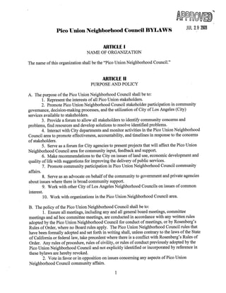 Pico Union Neighborhood Council Bylaws - Approved 1-26-2014 1
PICO UNION NEIGHBORHOOD COUNCIL
BYLAWS
January 26, 2014
 