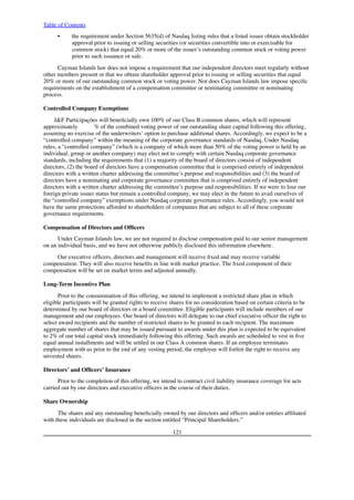 Table of Contents
•        the requirement under Section 5635(d) of Nasdaq listing rules that a listed issuer obtain stockholder
approval prior to issuing or selling securities (or securities convertible into or exercisable for
common stock) that equal 20% or more of the issuer’s outstanding common stock or voting power
prior to such issuance or sale.
Cayman Islands law does not impose a requirement that our independent directors meet regularly without
other members present or that we obtain shareholder approval prior to issuing or selling securities that equal
20% or more of our outstanding common stock or voting power. Nor does Cayman Islands law impose specific
requirements on the establishment of a compensation committee or nominating committee or nominating
process.
Controlled Company Exemptions
J&F Participações will beneficially own 100% of our Class B common shares, which will represent
approximately           % of the combined voting power of our outstanding share capital following this offering,
assuming no exercise of the underwriters’ option to purchase additional shares. Accordingly, we expect to be a
“controlled company” within the meaning of the corporate governance standards of Nasdaq. Under Nasdaq
rules, a “controlled company” (which is a company of which more than 50% of the voting power is held by an
individual, group or another company) may elect not to comply with certain Nasdaq corporate governance
standards, including the requirements that (1) a majority of the board of directors consist of independent
directors, (2) the board of directors have a compensation committee that is comprised entirely of independent
directors with a written charter addressing the committee’s purpose and responsibilities and (3) the board of
directors have a nominating and corporate governance committee that is comprised entirely of independent
directors with a written charter addressing the committee’s purpose and responsibilities. If we were to lose our
foreign private issuer status but remain a controlled company, we may elect in the future to avail ourselves of
the “controlled company” exemptions under Nasdaq corporate governance rules. Accordingly, you would not
have the same protections afforded to shareholders of companies that are subject to all of these corporate
governance requirements.
Compensation of Directors and Officers
Under Cayman Islands law, we are not required to disclose compensation paid to our senior management
on an individual basis, and we have not otherwise publicly disclosed this information elsewhere.
Our executive officers, directors and management will receive fixed and may receive variable
compensation. They will also receive benefits in line with market practice. The fixed component of their
compensation will be set on market terms and adjusted annually.
Long-Term Incentive Plan
Prior to the consummation of this offering, we intend to implement a restricted share plan in which
eligible participants will be granted rights to receive shares for no consideration based on certain criteria to be
determined by our board of directors or a board committee. Eligible participants will include members of our
management and our employees. Our board of directors will delegate to our chief executive officer the right to
select award recipients and the number of restricted shares to be granted to each recipient. The maximum
aggregate number of shares that may be issued pursuant to awards under this plan is expected to be equivalent
to 2% of our total capital stock immediately following this offering. Such awards are scheduled to vest in five
equal annual installments and will be settled in our Class A common shares. If an employee terminates
employment with us prior to the end of any vesting period, the employee will forfeit the right to receive any
unvested shares.
Directors’ and Officers’ Insurance
Prior to the completion of this offering, we intend to contract civil liability insurance coverage for acts
carried out by our directors and executive officers in the course of their duties.
Share Ownership
The shares and any outstanding beneficially owned by our directors and officers and/or entities affiliated
with these individuals are disclosed in the section entitled “Principal Shareholders.”
121
 