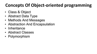 Concepts Of Object-oriented programming
• Class & Object
• Abstract Data Type
• Methods And Messages
• Abstraction And Encapsulation
• Inheritance
• Abstract Classes
• Polymorphism
 