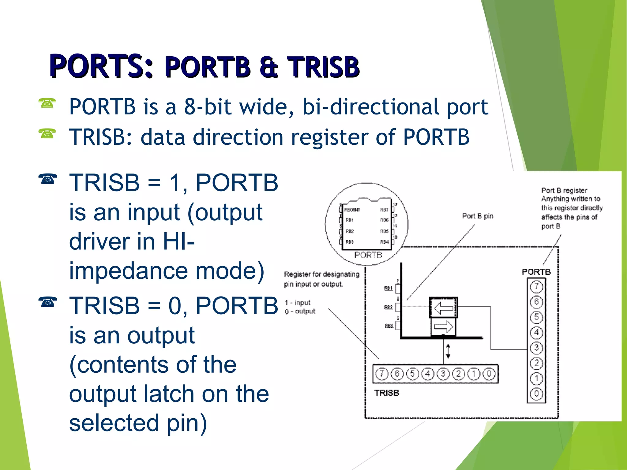 PORTS:PORTS: PORTB & TRISBPORTB & TRISB
 PORTB is a 8-bit wide, bi-directional port
 TRISB: data direction register of PORTB
 TRISB = 1, PORTB
is an input (output
driver in HI-
impedance mode)
 TRISB = 0, PORTB
is an output
(contents of the
output latch on the
selected pin)
 