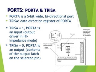 PORTS:PORTS: PORTA & TRISAPORTA & TRISA
 PORTA is a 5-bit wide, bi-directional port
 TRISA: data direction register of PORTA
 TRISA = 1, PORTA is
an input (output
driver in HI-
impedance mode)
 TRISA = 0, PORTA is
an output (contents
of the output latch
on the selected pin)
 