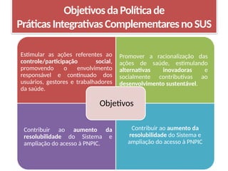 ObjetivosdaPolíticade
PráticasIntegrativasComplementaresnoSUS
Estimular as ações referentes ao
controle/participação social,
promovendo o envolvimento
responsável e continuado dos
usuários, gestores e trabalhadores
da saúde.
Promover a racionalização das
ações de saúde, estimulando
alternativas inovadoras e
socialmente contributivas ao
desenvolvimento sustentável.
Contribuir ao aumento da
resolubilidade do Sistema e
ampliação do acesso à PNPIC.
Contribuir ao aumento da
resolubilidade do Sistema e
ampliação do acesso à PNPIC
Objetivos
 