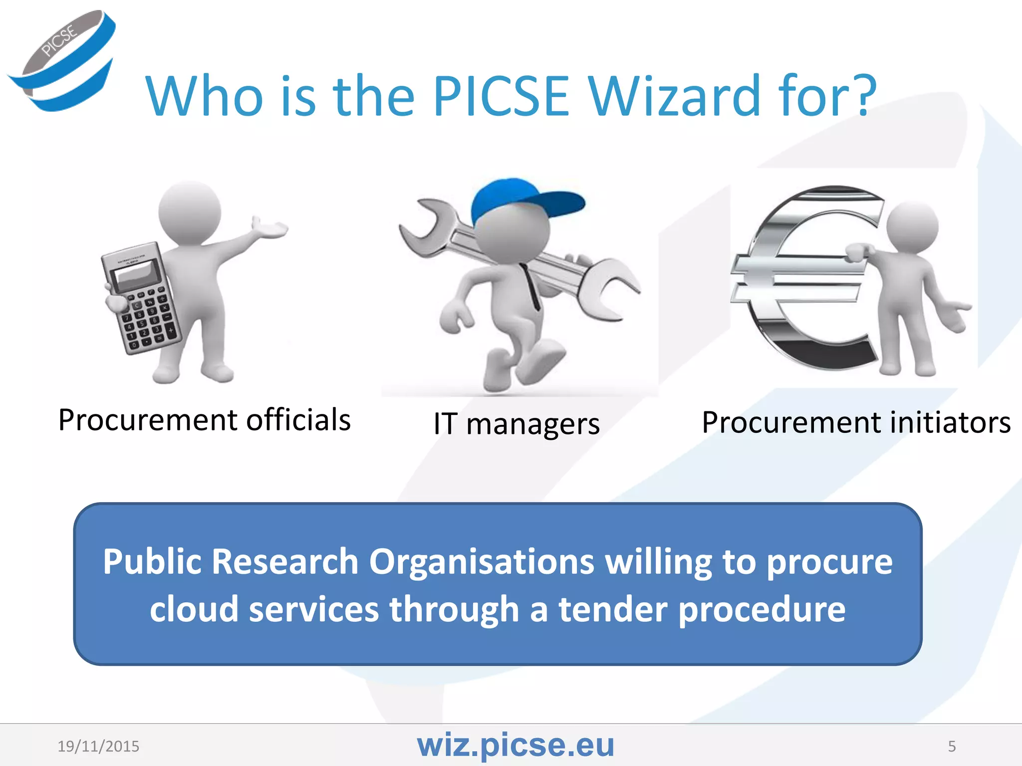 Who is the PICSE Wizard for?
519/11/2015
Procurement officials
wiz.picse.eu
Public Research Organisations willing to procure
cloud services through a tender procedure
IT managers Procurement initiators
 