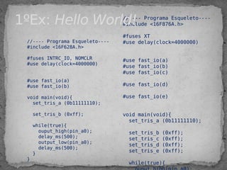 //---- Programa Esqueleto----
#include <16F628A.h>
#fuses INTRC_IO, NOMCLR
#use delay(clock=4000000)
 
#use fast_io(a)
#use fast_io(b)
 
void main(void){
set_tris_a (0b11111110);
set_tris_b (0xff);
 
while(true){
  ouput_high(pin_a0);
delay_ms(500);
output_low(pin_a0);
delay_ms(500);
}
}
//---- Programa Esqueleto----
#include <16F876A.h>
#fuses XT
#use delay(clock=4000000)
 
#use fast_io(a)
#use fast_io(b)
#use fast_io(c)
#use fast_io(d)
#use fast_io(e)
 
void main(void){
set_tris_a (0b11111110);
set_tris_b (0xff);
set_tris_c (0xff);
set_tris_d (0xff);
set_tris_e (0xff);
while(true){
1ºEx: Hello World!
 