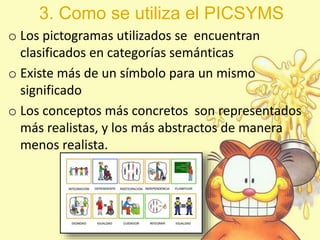 3. Como se utiliza el PICSYMS
o Los pictogramas utilizados se encuentran
clasificados en categorías semánticas
o Existe más de un símbolo para un mismo
significado
o Los conceptos más concretos son representados
más realistas, y los más abstractos de manera
menos realista.
 