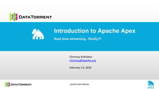Apache Apex Meetup
Introduction to Apache Apex
Real time streaming.. Really!!!
Chinmay Kolhatkar
chinmay@apache.org
February 13, 2016
 