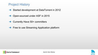 Apache Apex Meetup
Project History
➔ Started development at DataTorrent in 2012
➔ Open-sourced under ASF in 2015
➔ Currently Have 50+ committers
➔ Free to use Streaming Application platform
 