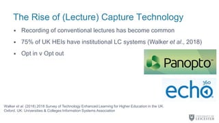 The Rise of (Lecture) Capture Technology
• Recording of conventional lectures has become common
• 75% of UK HEIs have institutional LC systems (Walker et al., 2018)
• Opt in v Opt out
Walker et al. (2018) 2018 Survey of Technology Enhanced Learning for Higher Education in the UK.
Oxford, UK: Universities & Colleges Information Systems Association
 