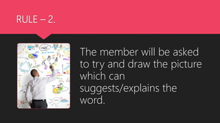 RULE – 2.
The member will be asked
to try and draw the picture
which can
suggests/explains the
word.
 
