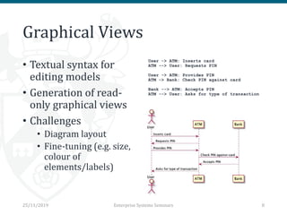 Graphical Views
• Textual syntax for
editing models
• Generation of read-
only graphical views
• Challenges
• Diagram layout
• Fine-tuning (e.g. size,
colour of
elements/labels)
25/11/2019 Enterprise Systems Seminars 8
User -> ATM: Inserts card
ATM --> User: Requests PIN
User -> ATM: Provides PIN
ATM -> Bank: Check PIN against card
Bank --> ATM: Accepts PIN
ATM --> User: Asks for type of transaction
 