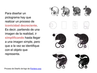 Para diseñar un
pictograma hay que
realizar un proceso de
iconicidad decreciente.
Es decir, partiendo de una
imagen de la realidad, ir
simplificando hasta llegar
a una imagen simple, pero
que a la vez se identifique
con el objeto que
representa.

Proceso de Diseño de logo de Pointers corp

 
