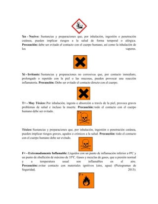 Xn – Nocivo: Sustancias y preparaciones que, por inhalación, ingestión o penetración
cutánea, pueden implicar riesgos a la salud de forma temporal o alérgica.
Precaución: debe ser evitado el contacto con el cuerpo humano, así como la inhalación de
los vapores.
Xi - Irritante: Sustancias y preparaciones no corrosivas que, por contacto inmediato,
prolongado o repetido con la piel o las mucosas, pueden provocar una reacción
inflamatoria. Precaución: Debe ser evitado el contacto directo con el cuerpo.
T+ - Muy Tóxico: Por inhalación, ingesta o absorción a través de la piel, provoca graves
problemas de salud e incluso la muerte. Precaución: todo el contacto con el cuerpo
humano debe ser evitado.
Tóxico: Sustancias y preparaciones que, por inhalación, ingestión o penetración cutánea,
pueden implicar riesgos graves, agudos o crónicos a la salud. Precaución: todo el contacto
con el cuerpo humano debe ser evitado.
F+ - Extremadamente Inflamable: Líquidos con un punto de inflamación inferior a 0ºC y
un punto de ebullición de máximo de 35ºC. Gases y mezclas de gases, que a presión normal
y a temperatura usual son inflamables en el aire.
Precaución: evitar contacto con materiales ignitivos (aire, agua) (Pictogramas de
Seguridad, 2013).
 