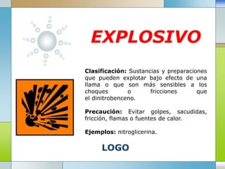 LOGO
EXPLOSIVO
Clasificación: Sustancias y preparaciones
que pueden explotar bajo efecto de una
llama o que son más sensibles a los
choques o fricciones que
el dinitrobenceno.
Precaución: Evitar golpes, sacudidas,
fricción, flamas o fuentes de calor.
Ejemplos: nitroglicerina.
 