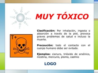 LOGO
MUY TÓXICO
Clasificación: Por inhalación, ingesta o
absorción a través de la piel, provoca
graves problemas de salud e incluso la
muerte.
Precaución: todo el contacto con el
cuerpo humano debe ser evitado.
Ejemplos: cianuro, trióxido de arsénico,
nicotina, mercurio, plomo, cadmio
 