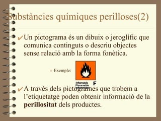 Substàncies químiques perilloses(2) Un pictograma és un dibuix o jeroglífic que comunica continguts o descriu objectes sense relació amb la forma fonètica. Exemple: A través dels pictogrames que trobem a l’etiquetatge poden obtenir informació de la  perillositat  dels productes. 