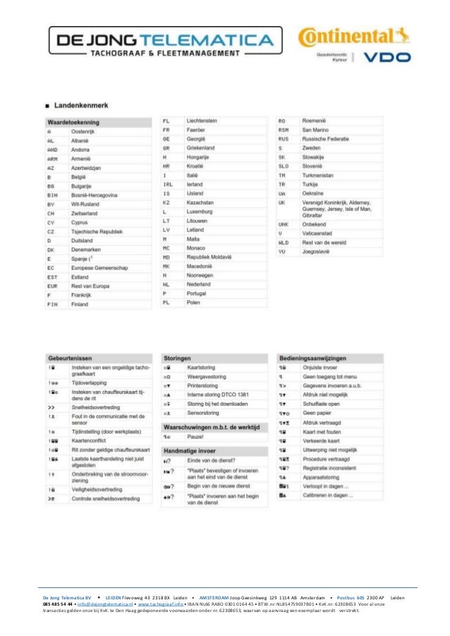 Pictogrammen op print digitale tachograaf VDO Stoneridge