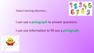 Today’s learning objectives…
I can use a pictograph to answer questions.
I can use information to fill out a pictograph.
 