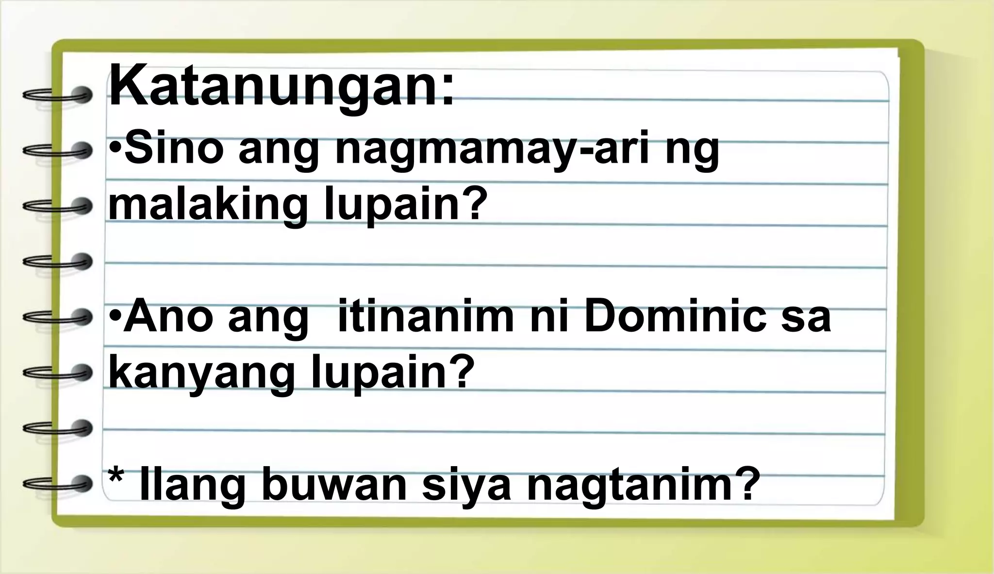 Katanungan:
•Sino ang nagmamay-ari ng
malaking lupain?
•Ano ang itinanim ni Dominic sa
kanyang lupain?
* Ilang buwan siya nagtanim?
 