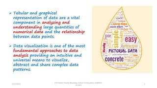➢ Tabular and graphical
representation of data are a vital
component in analyzing and
understanding large quantities of
numerical data and the relationship
between data points.
➢ Data visualization is one of the most
fundamental approaches to data
analysis providing an intuitive and
universal means to visualize,
abstract and share complex data
patterns.
5/12/2022
Prof Amita Pandey Bhardwaj, School of Education, SLBSNSU,
N.Delhi
5
 