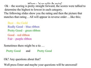 Welcome – let me explain the scoring?   Good – red ribbon Pretty Good – green ribbon Really Good – blue ribbon Best – the Gold The following slides show you the rating and then the picture that matches that rating .. All will appear in reverse order …like this; Fair – purple ribbon Sometimes there might be a tie …  Pretty Good Pretty Good Ok? Any questions about that?  Well press Enter and maybe your questions will be answered! and  Ok – the scoring is pretty straight forward, the scores were tallied to  determine the highest to lowest in each category.  
