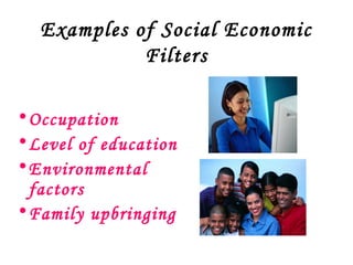 Examples of Social Economic
             Filters

• Occupation
• Level of education
• Environmental
  factors
• Family upbringing
 