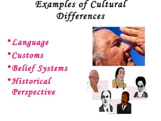 Examples of Cultural
           Differences

• Language
• Customs
• Belief Systems
• Historical
  Perspective
 