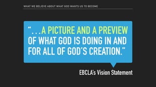 “…A PICTURE AND A PREVIEW
OF WHAT GOD IS DOING IN AND
FOR ALL OF GOD’S CREATION.”
EBCLA’s Vision Statement
WHAT WE BELIEVE ABOUT WHAT GOD WANTS US TO BECOME
 