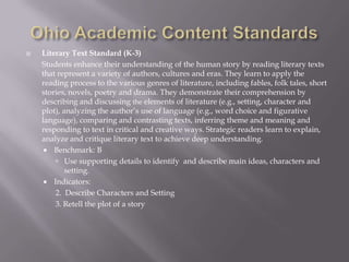    Literary Text Standard (K-3)
    Students enhance their understanding of the human story by reading literary texts
    that represent a variety of authors, cultures and eras. They learn to apply the
    reading process to the various genres of literature, including fables, folk tales, short
    stories, novels, poetry and drama. They demonstrate their comprehension by
    describing and discussing the elements of literature (e.g., setting, character and
    plot), analyzing the author’s use of language (e.g., word choice and figurative
    language), comparing and contrasting texts, inferring theme and meaning and
    responding to text in critical and creative ways. Strategic readers learn to explain,
    analyze and critique literary text to achieve deep understanding.
      Benchmark: B
         Use supporting details to identify and describe main ideas, characters and
            setting.
      Indicators:
        2. Describe Characters and Setting
        3. Retell the plot of a story
 