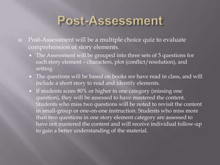    Post-Assessment will be a multiple choice quiz to evaluate
    comprehension of story elements.
       The Assessment will be grouped into three sets of 5 questions for
        each story element – characters, plot (conflict/resolution), and
        setting.
       The questions will be based on books we have read in class, and will
        include a short story to read and identify elements.
       If students score 80% or higher in one category (missing one
        question), they will be assessed to have mastered the content.
        Students who miss two questions will be noted to revisit the content
        in small-group or one-on-one instruction. Students who miss more
        than two questions in one story element category are assessed to
        have not mastered the content and will receive individual follow-up
        to gain a better understanding of the material.
 