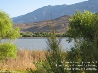 Photo by Chris Austin.

The lake is located just south of
Lone Pine, and is used for fishing,
water sports, and camping.

 