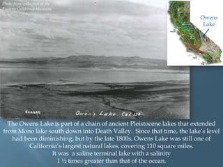 Photo from collection at the
Eastern California Museum.

Owens
Lake

The Owens Lake is part of a chain of ancient Pleistocene lakes that extended
from Mono lake south down into Death Valley. Since that time, the lake‟s level
had been diminishing, but by the late 1800s, Owens Lake was still one of
California‟s largest natural lakes, covering 110 square miles.
It was a saline terminal lake with a salinity
1 ½ times greater than that of the ocean.

 
