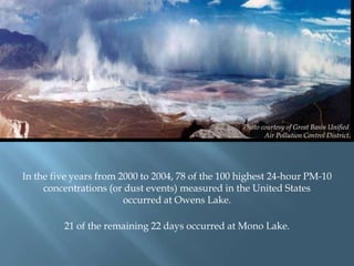 Photo courtesy of Great Basin Unified
Air Pollution Control District.

In the five years from 2000 to 2004, 78 of the 100 highest 24-hour PM-10
concentrations (or dust events) measured in the United States
occurred at Owens Lake.
21 of the remaining 22 days occurred at Mono Lake.

 