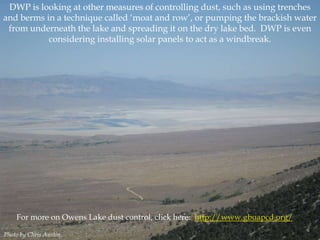 DWP is looking at other measures of controlling dust, such as using trenches
and berms in a technique called „moat and row‟, or pumping the brackish water
from underneath the lake and spreading it on the dry lake bed. DWP is even
considering installing solar panels to act as a windbreak.

For more on Owens Lake dust control, click here: http://www.gbuapcd.org/
Photo by Chris Austin.

 