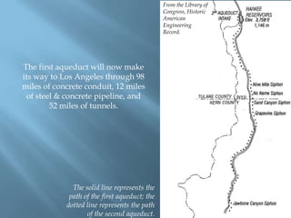 From the Library of
Congress, Historic
American
Engineering
Record.

The first aqueduct will now make
its way to Los Angeles through 98
miles of concrete conduit, 12 miles
of steel & concrete pipeline, and
52 miles of tunnels.

The solid line represents the
path of the first aqueduct; the
dotted line represents the path
of the second aqueduct.

 